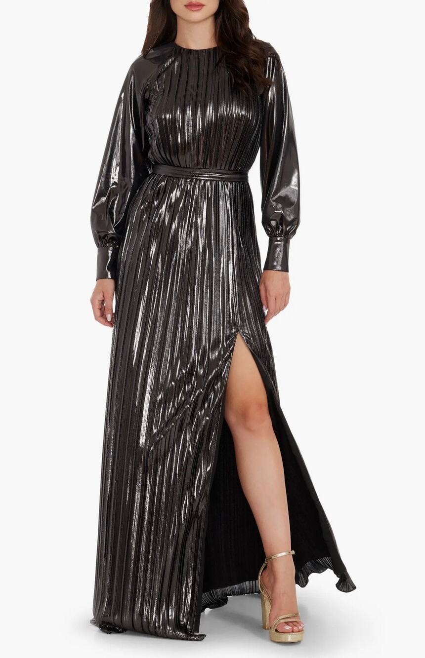 NEW Dress The Population Calista Metallic Long Sleeve Gown Gunmetal Silver Large